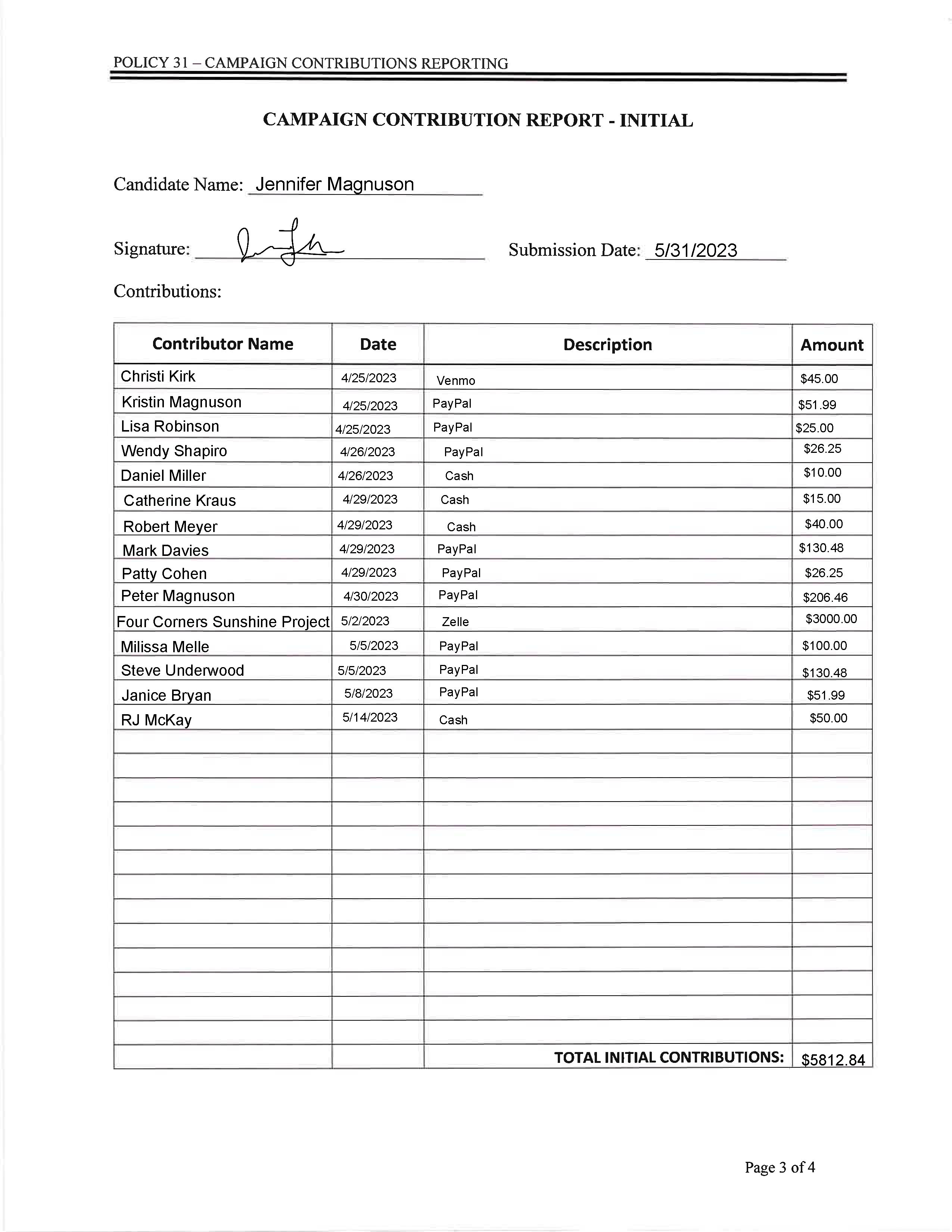 Jennifer Magnuson Initial Campaign Contribution Report page 2
