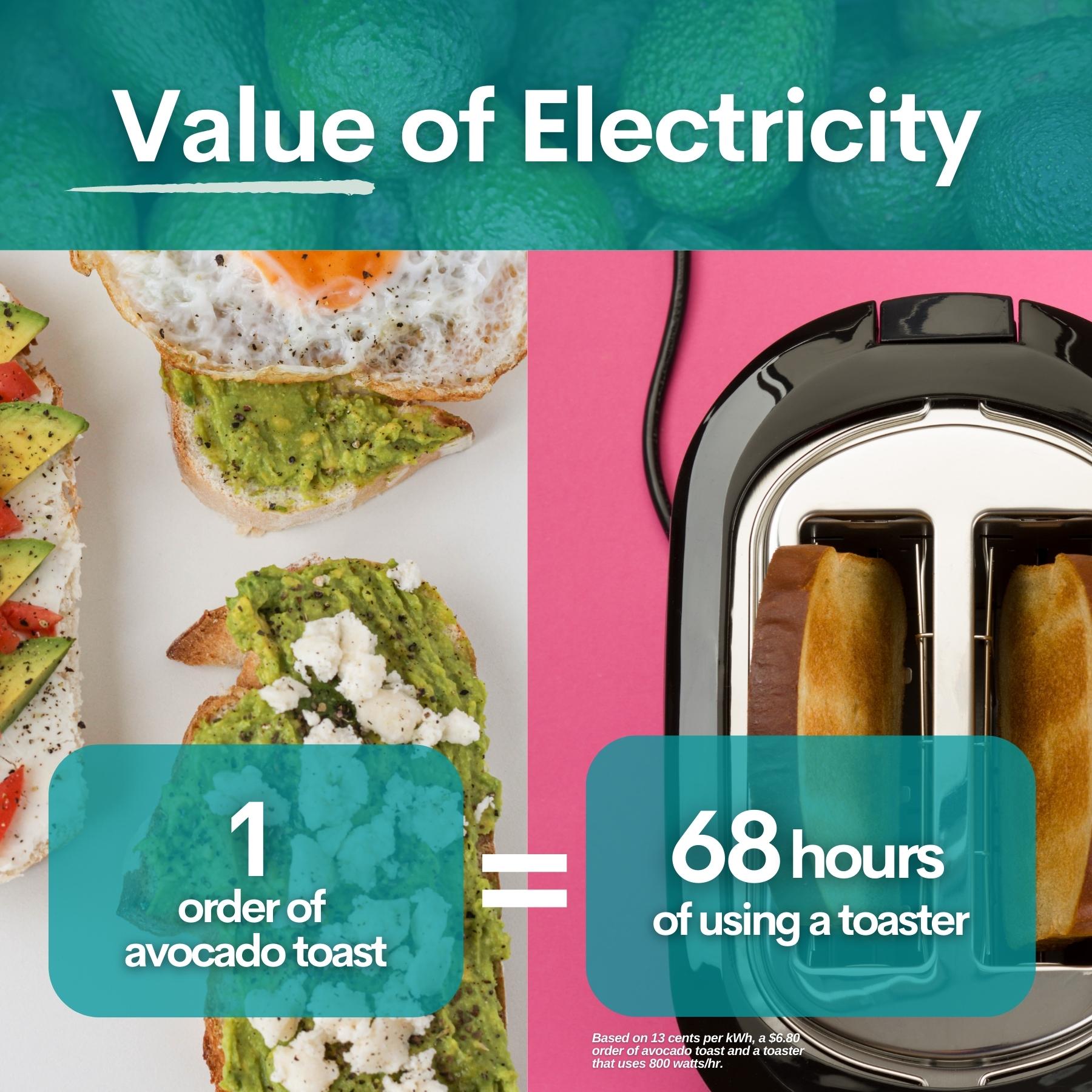 Photo showing one order of avocado toast at a restaurant is equal tot he electricity cost of 68 hours of operating a toaster at home.