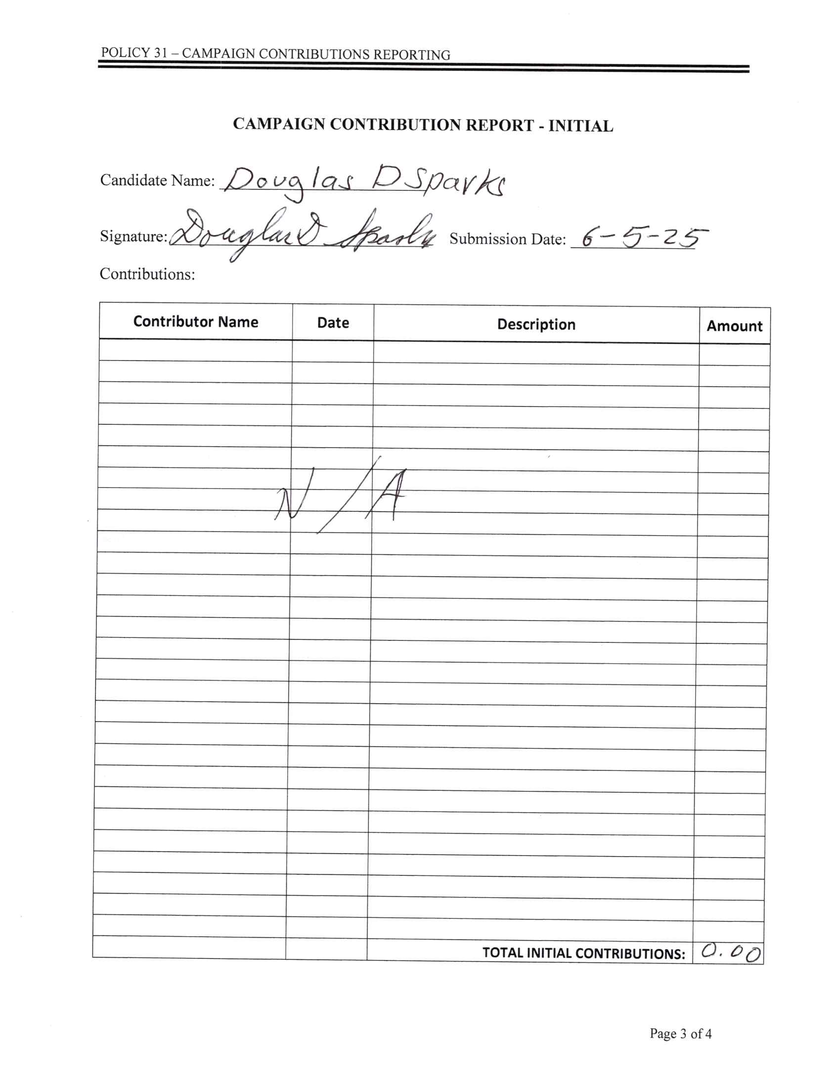 Douglas Sparks 2025 Initial Campaign Contribution Report