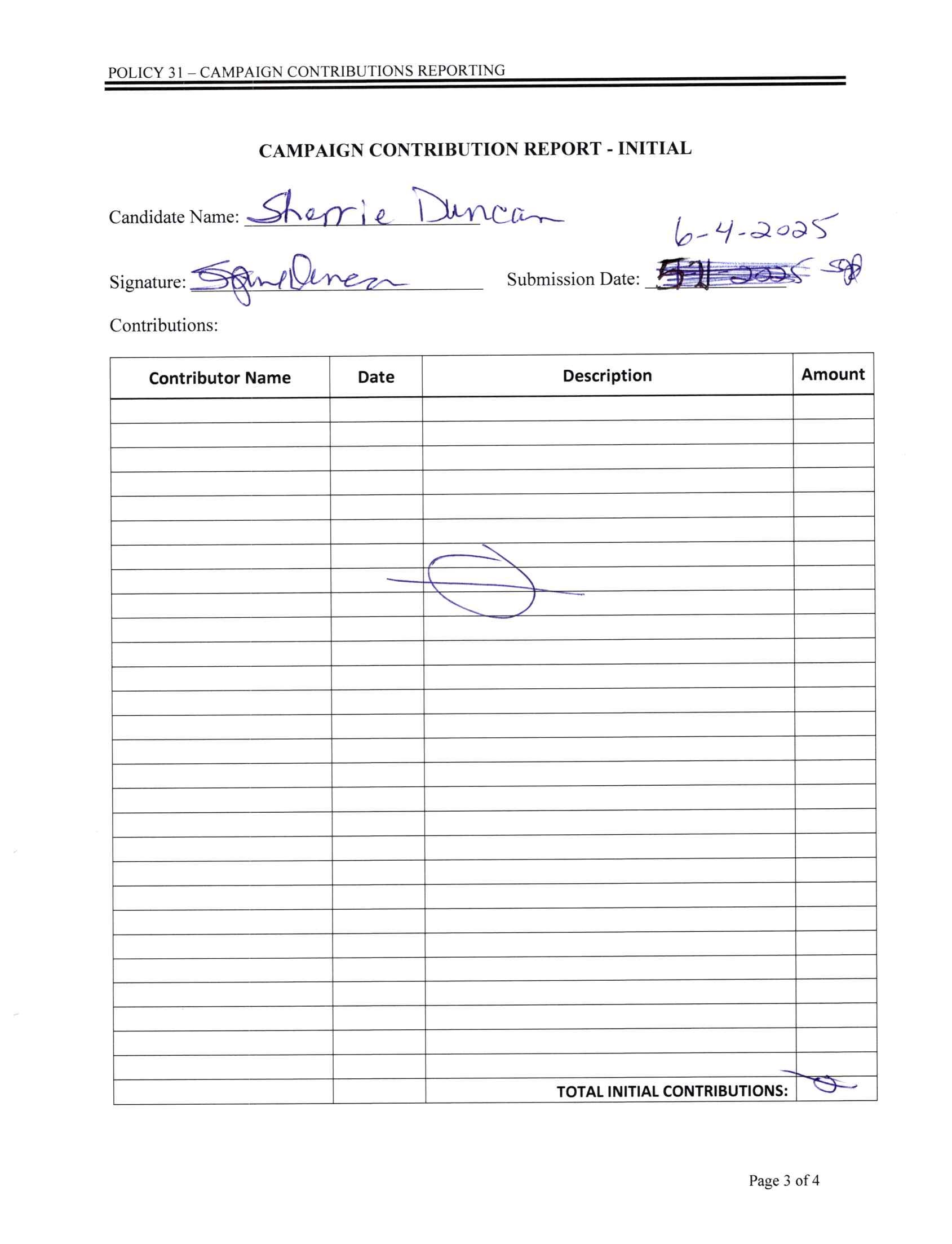 S J Duncan 2025 Initial Campaign Contribution Report